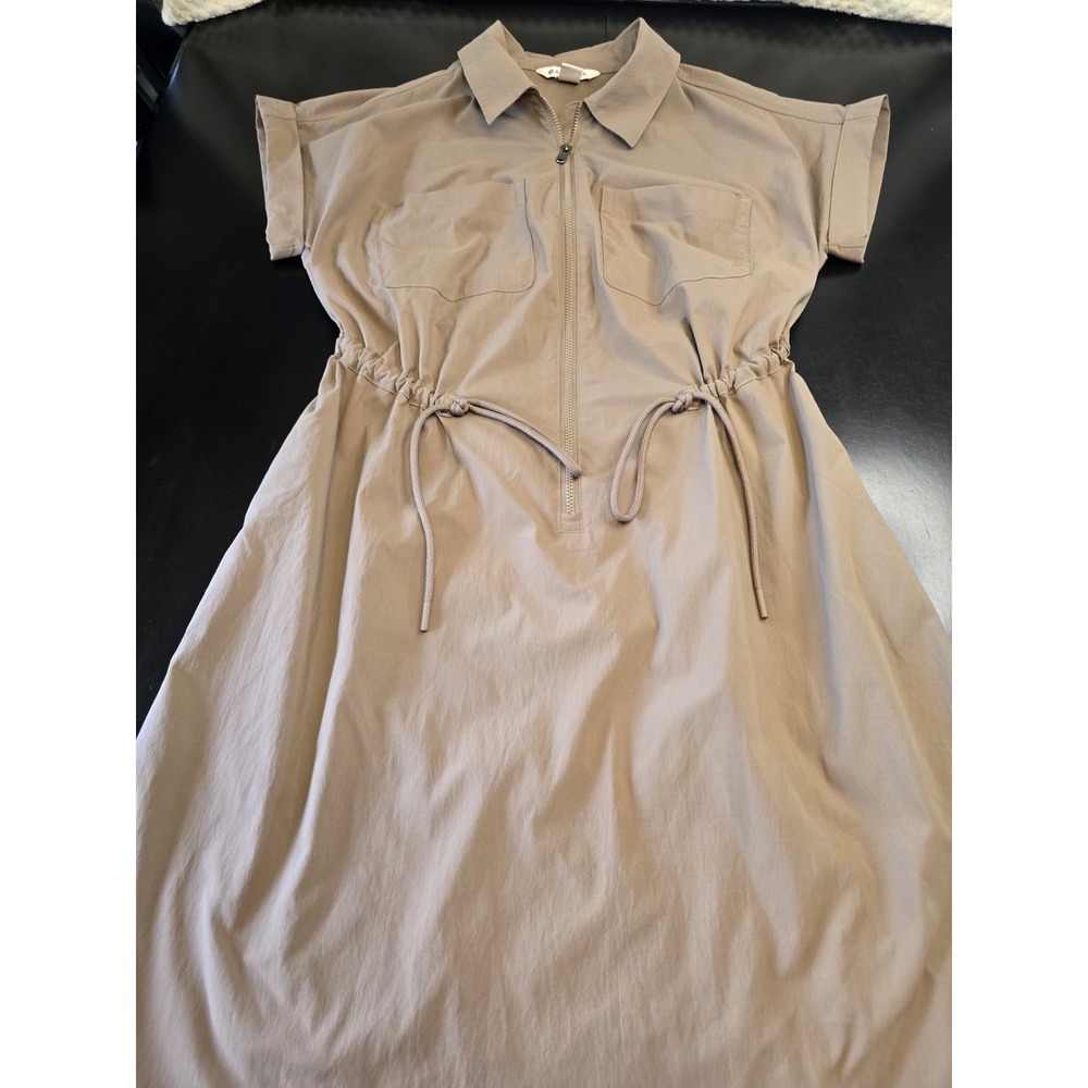 Athleta Tan Zip Front Utility Dress Small Petite S/P Cinch Waist Pockets Travel